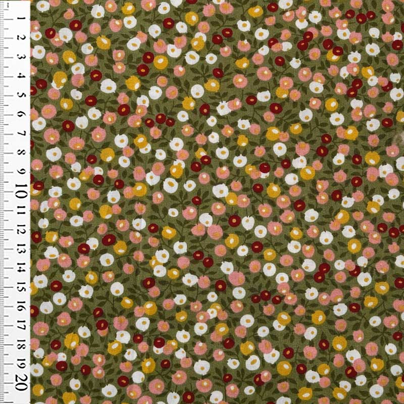 Bomuldspoplin med blomster farvemix, army - KreStoffer
