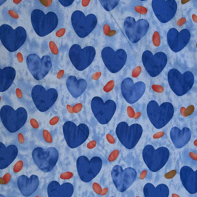 Bomuldspoplin med hjerter på stribe, blå - KreStoffer