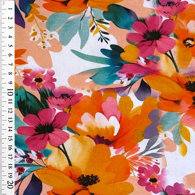 Digital bomuldsjersey med grafisk sommer blomster, orange - KreStoffer