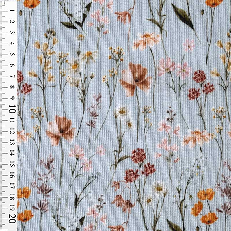 Drop needle digitalprint rib jersey med blomstermix, lyseblå - KreStoffer