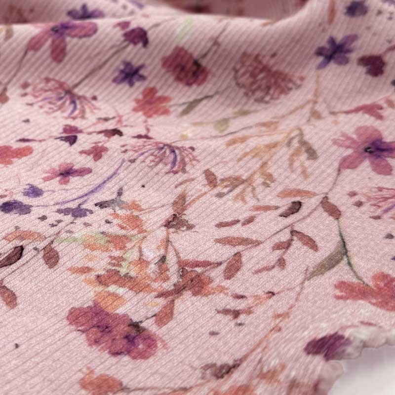 Drop needle digitalprint rib jersey med blomstermix, rosa - KreStoffer