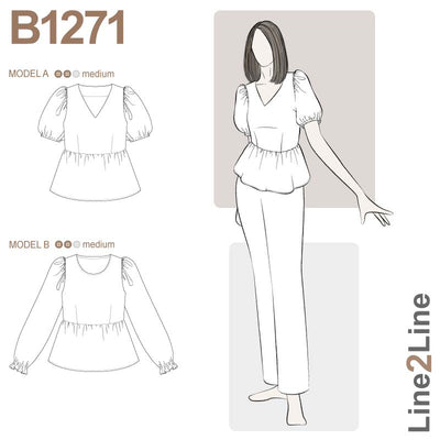 Line2Line B1271 Peplum bluse med pufærmer og elastik - KreStoffer