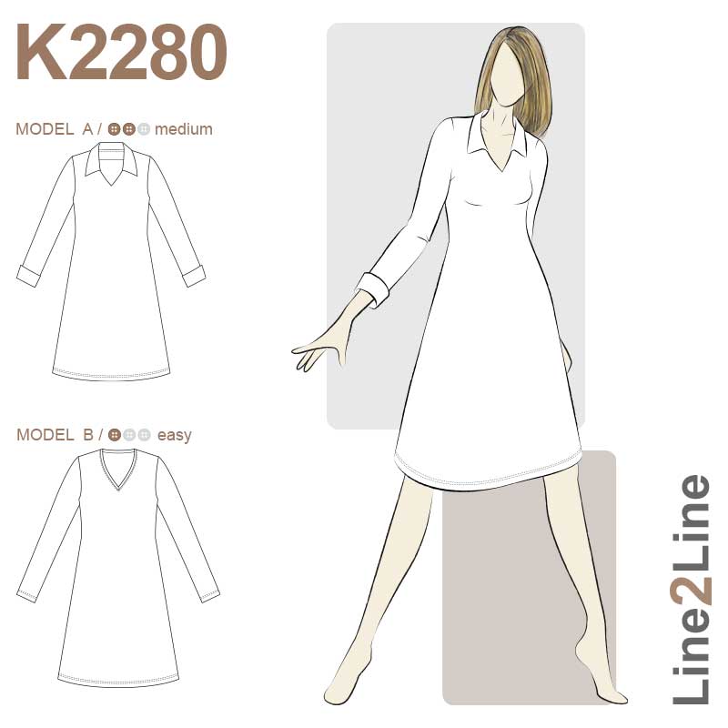 Line2Line K2280 Kjole med V-hals, krave og ærmeslidser - KreStoffer