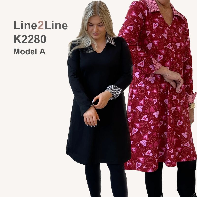 Line2Line K2280 Kjole med V-hals, krave og ærmeslidser - KreStoffer