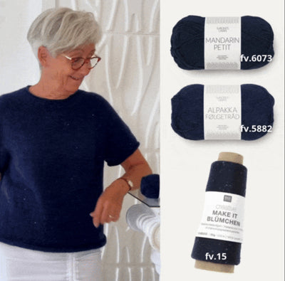 Strikkekit Plain Yoke Tee 22 fra Le Knit i Mandarin Petit og Alpakka Følgetråd