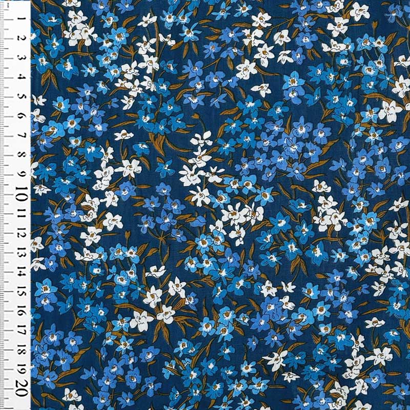 Bomuldspoplin med blomster bundter, blå - KreStoffer