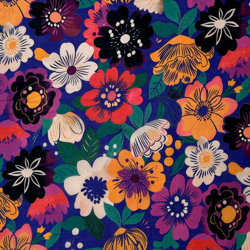 Bomuldsvoile med forskellige tegnede blomster - KreStoffer