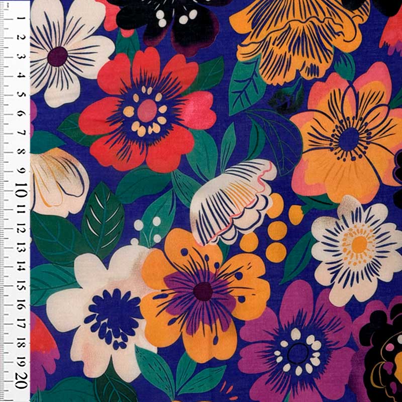 Bomuldsvoile med forskellige tegnede blomster - KreStoffer