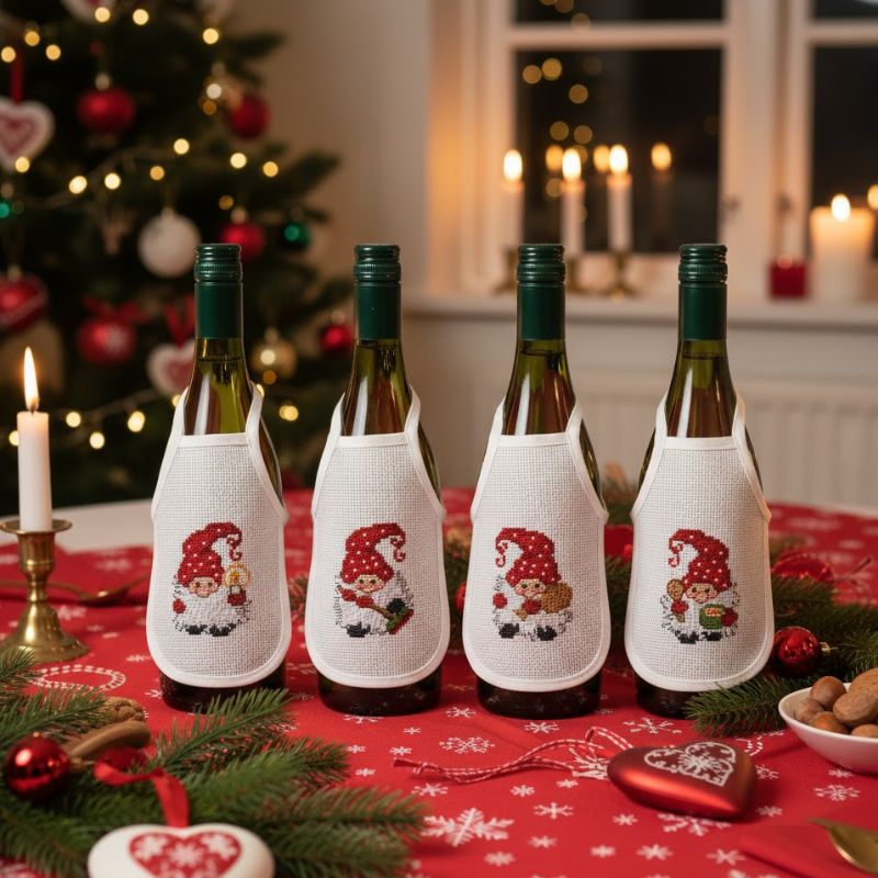 Broderikit 4 flaskeforklæder med nisser til jul fra Permin