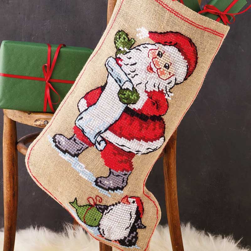 Broderi julesok julemand og pingvin 41 - 4216 - KreStoffer