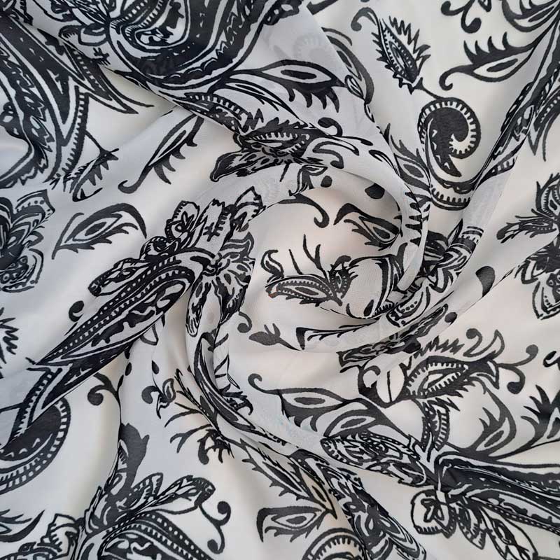Chiffon med paisley inspireret print på hvid bund - KreStoffer