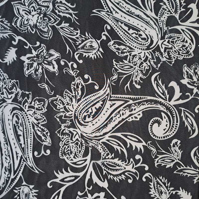 Chiffon med paisley inspireret print på sort bund - KreStoffer