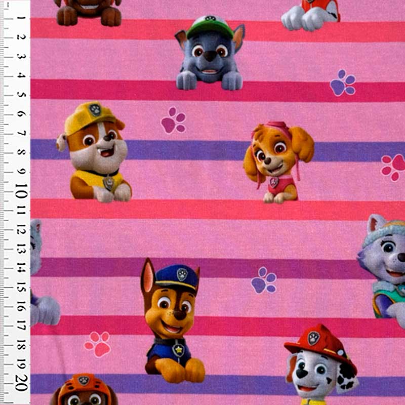 Digital bomuldsjersey med Paw Patrol og striber på lyserød bund