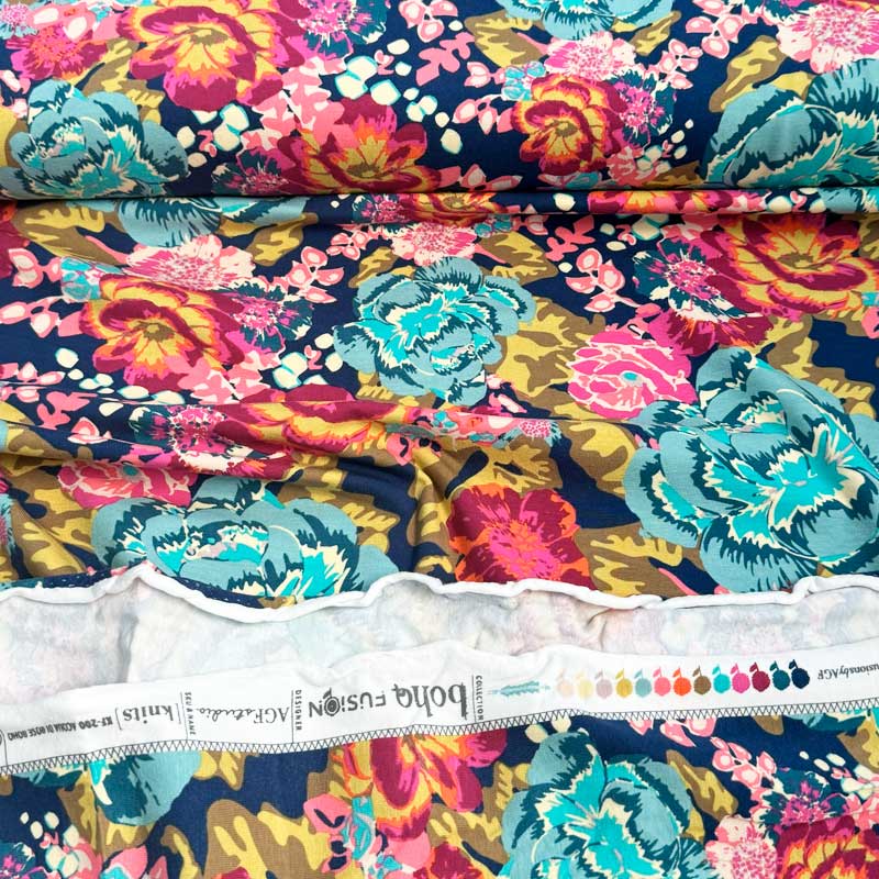 Digital bomuldsjersey med boho blomster - KreStoffer