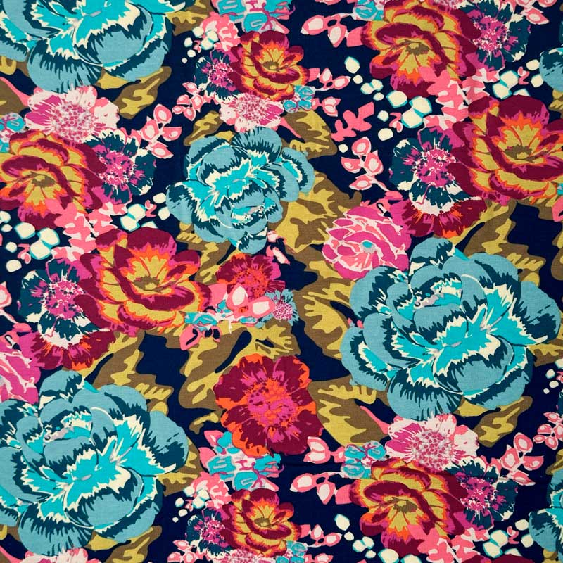 Digital bomuldsjersey med boho blomster - KreStoffer