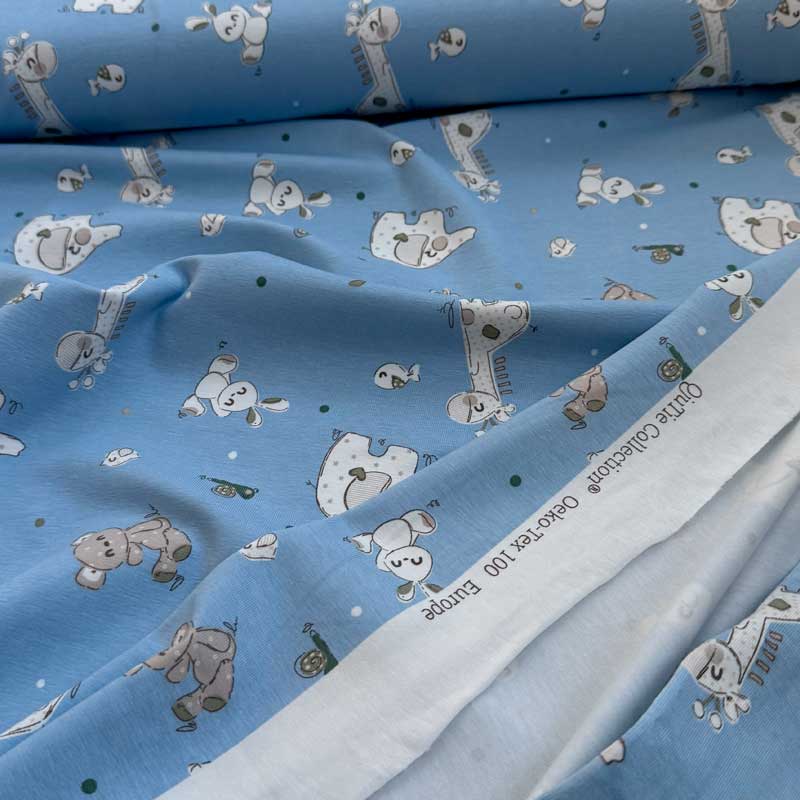 Digital bomuldsjersey med børnemotiver på blå bund - KreStoffer