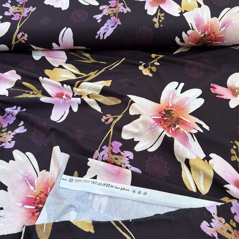 Digital bomuldsjersey med fancy akvarel blomster
