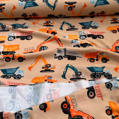 Digital bomuldsjersey med tegnede gravemaskiner på latte bund - KreStoffer
