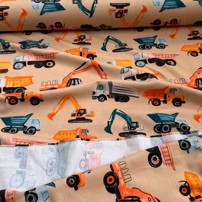 Digital bomuldsjersey med tegnede gravemaskiner på latte bund - KreStoffer