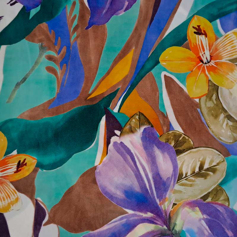 Digital viscose jersey med malede eksotiske blomster - KreStoffer