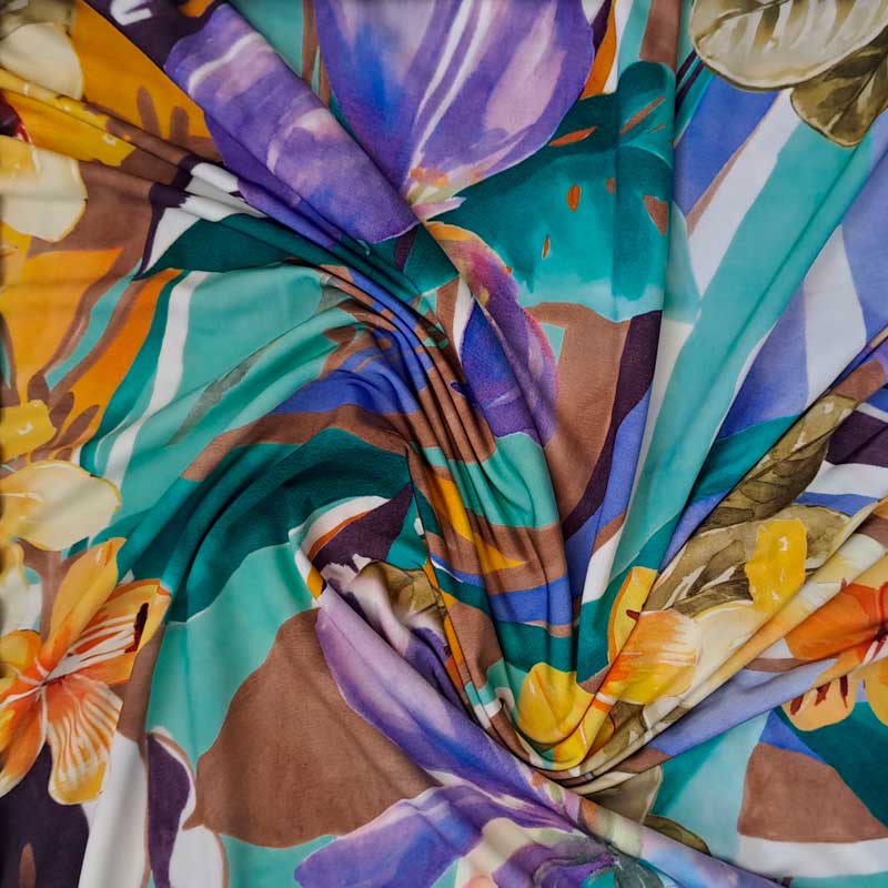 Digital viscose jersey med malede eksotiske blomster - KreStoffer