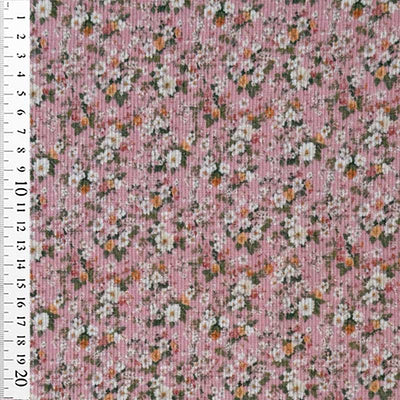 Drop needle rib jersey med små blomster på lyserød bund