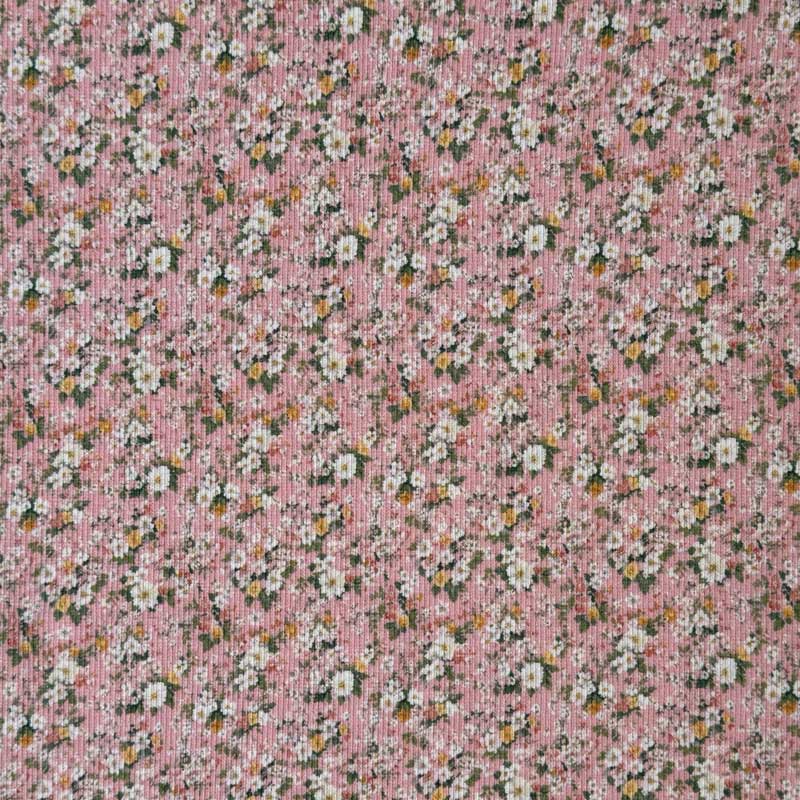 Drop needle rib jersey med små blomster på lyserød bund