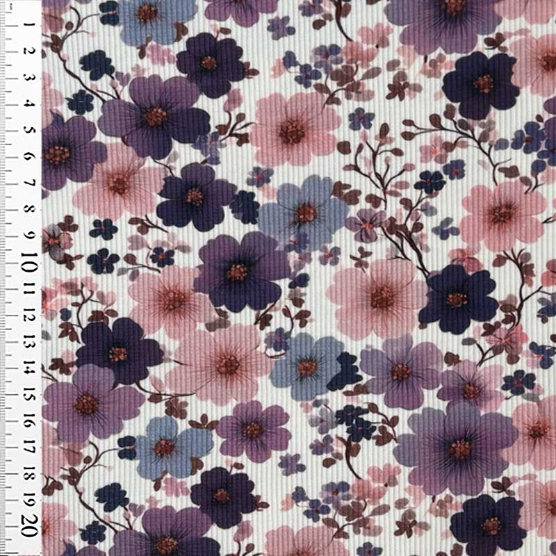 Drop needle rib jersey med blomster i lilla nuancer