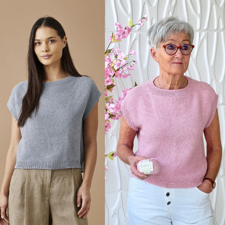 Strikkekit T-shirt med skrånende skuldre i perlestrik i Edith garn