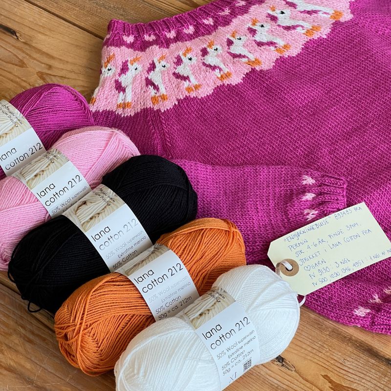 Strikkekit Bluse med enhjørning til børn i Lana Cotton 212
