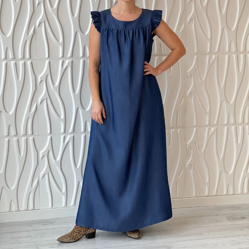 Ensfarvet bomuld chambray denim look i mørkeblå