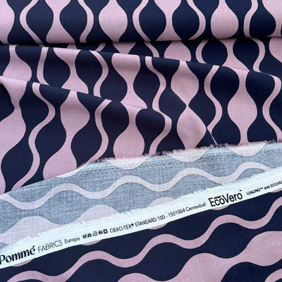 Fast ecovero (viscose) med snoninger, Marine/lavendel - KreStoffer