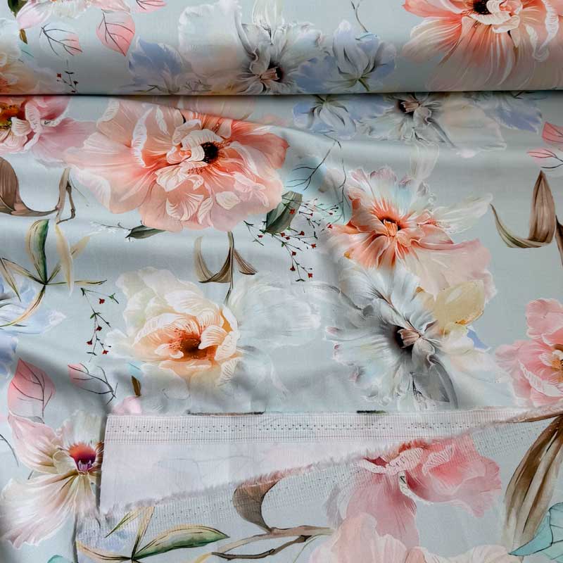 Fast stof med sommer blomster på lyseblå bund - KreStoffer