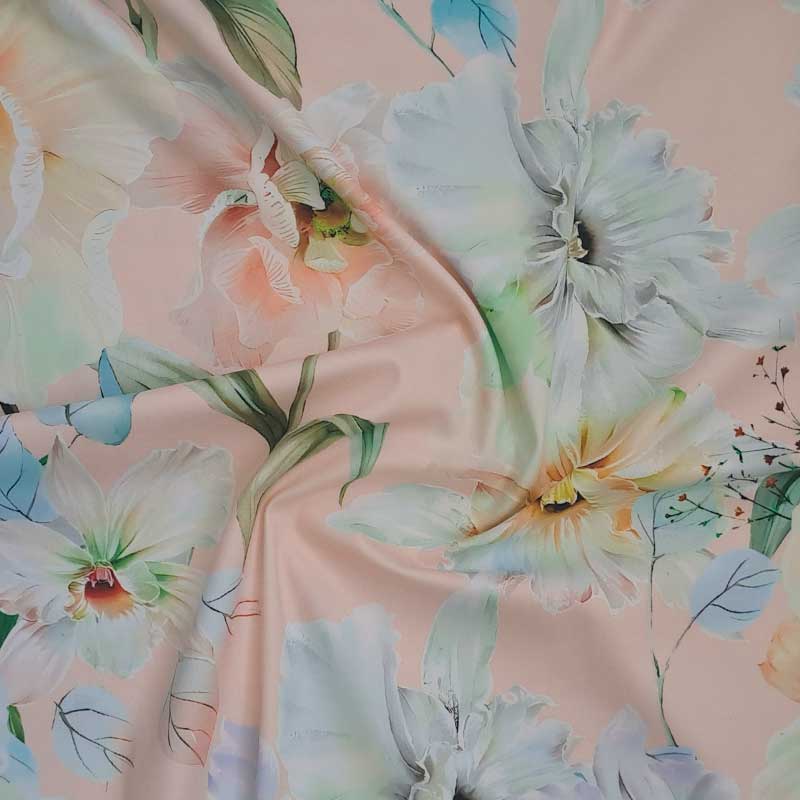 Fast stof med sommer blomster på lyserød bund - KreStoffer