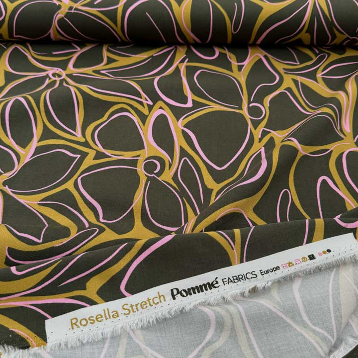 Fast viscose med malede blomster Mørk grøn