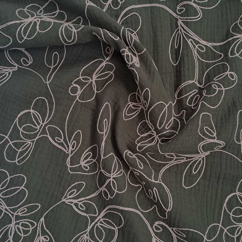 Gauze med broderet blomster grøn