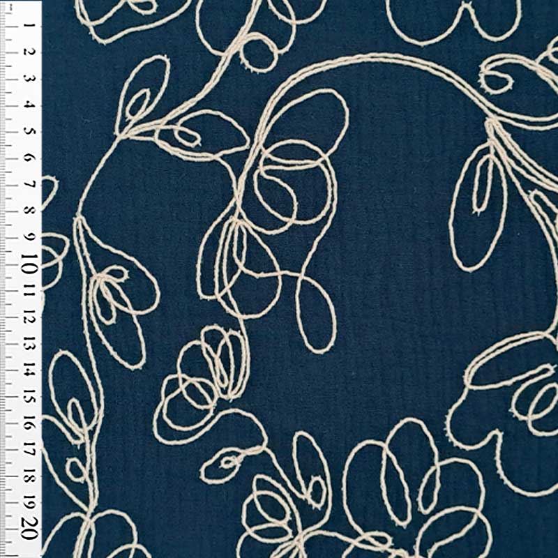 Gauze med broderet blomster blå