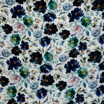 Gauze med blomster i blå og grøn - KreStoffer