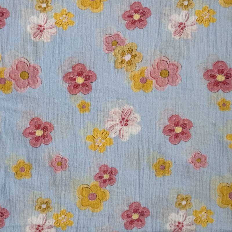 Gauze med blomster i lyserød og gul - KreStoffer