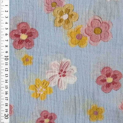 Gauze med blomster i lyserød og gul - KreStoffer