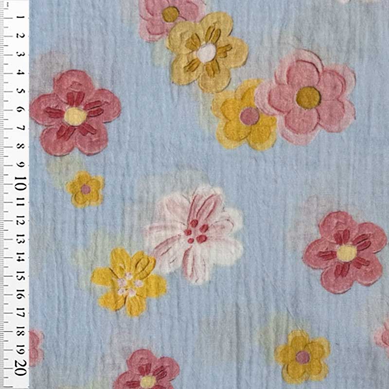 Gauze med blomster i lyserød og gul - KreStoffer