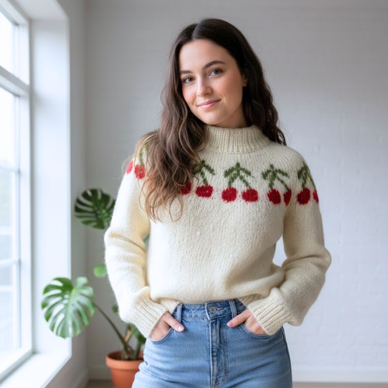 Strikkekit Cherry Sweater fra Le Knit i Børstet Alpakka