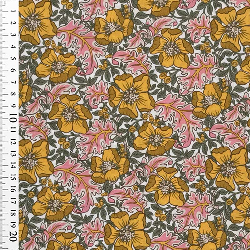 Liberty bomuldspoplin med blomster og blade i gul og grøn
