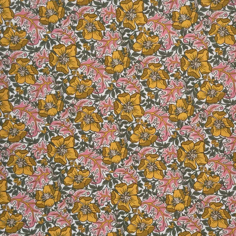 Liberty bomuldspoplin med blomster og blade i gul og grøn