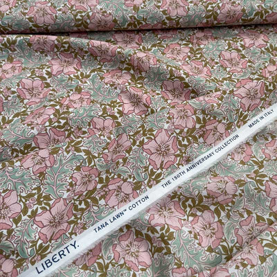 Liberty bomuldspoplin med blomster og blade i rosa og mint