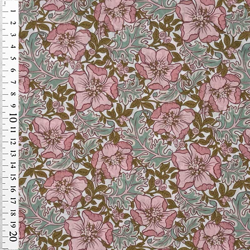 Liberty bomuldspoplin med blomster og blade i rosa og mint