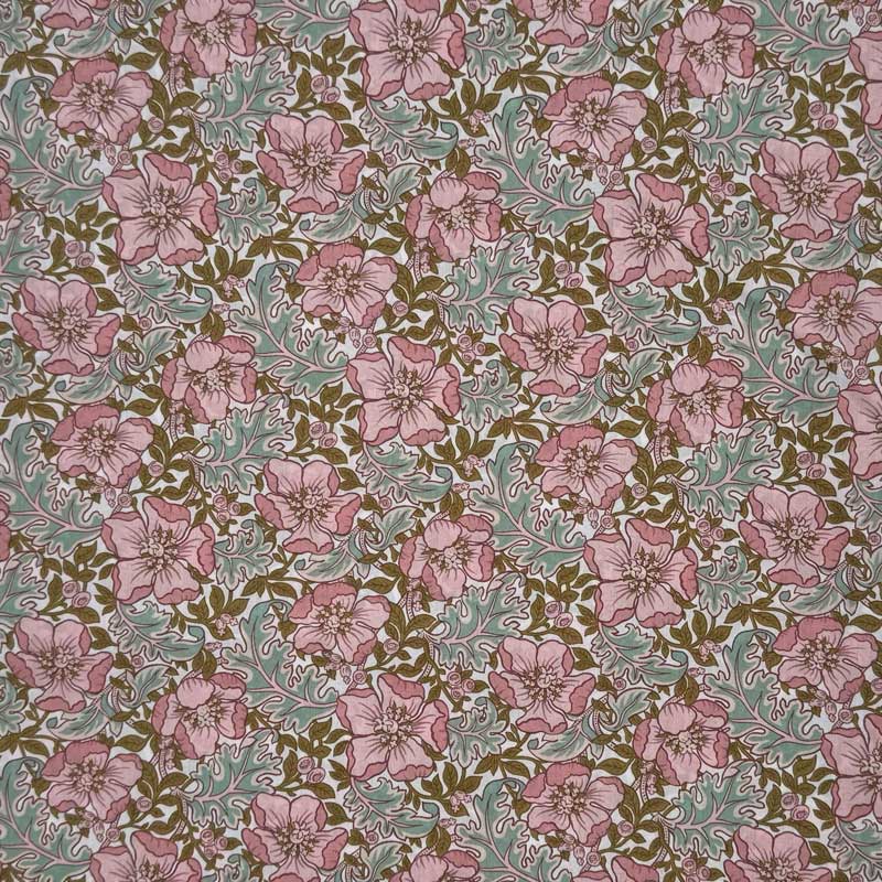 Liberty bomuldspoplin med blomster og blade i rosa og mint