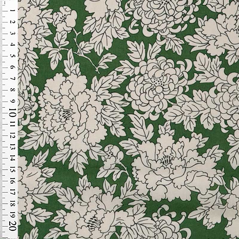 Liberty bomuldspoplin med blomster på grøn bund