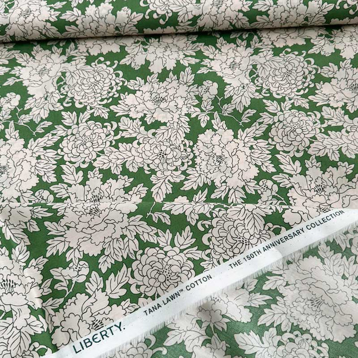 Liberty bomuldspoplin med blomster på grøn bund