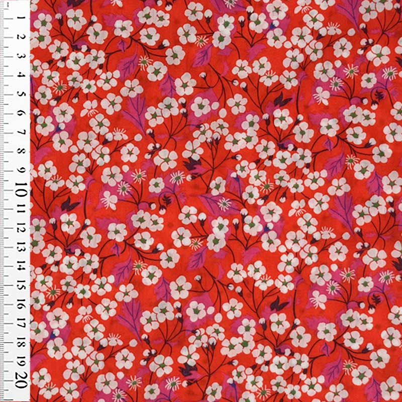 Liberty bomuldspoplin med små blomster og grene på rød bund - KreStoffer